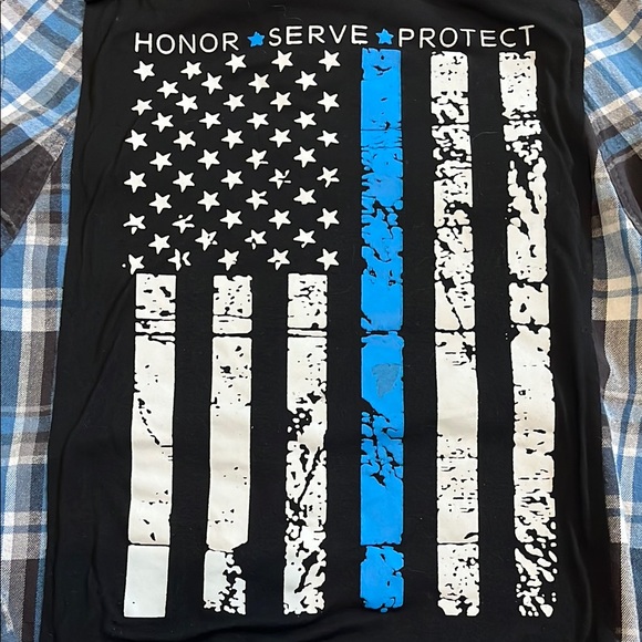 Honor Serve Protect Blue Flag Flannel Shirt Upcycled unisex Size XL X- Large - Picture 3 of 7